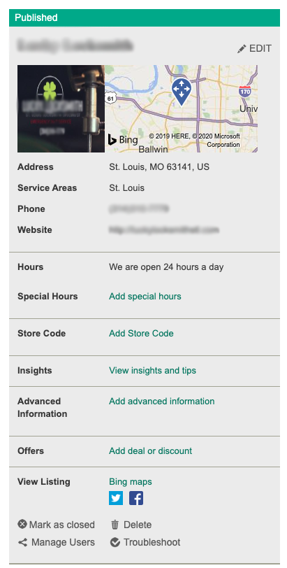 Bing Places Dashboard - Edit Business Listing Example