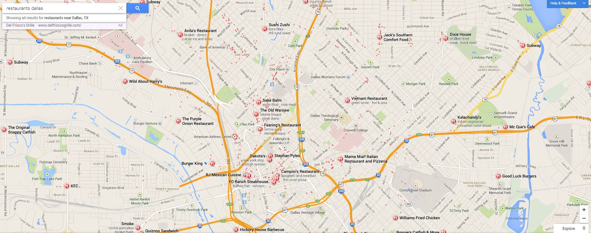 Google Maps-restaurants in Dallas