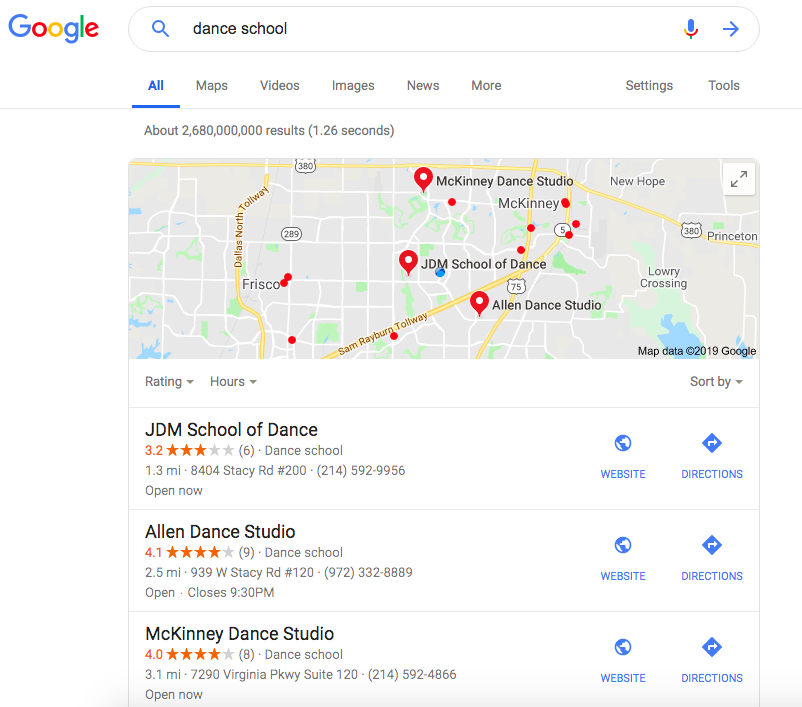 Dance School Example - Google Maps Search Ranking