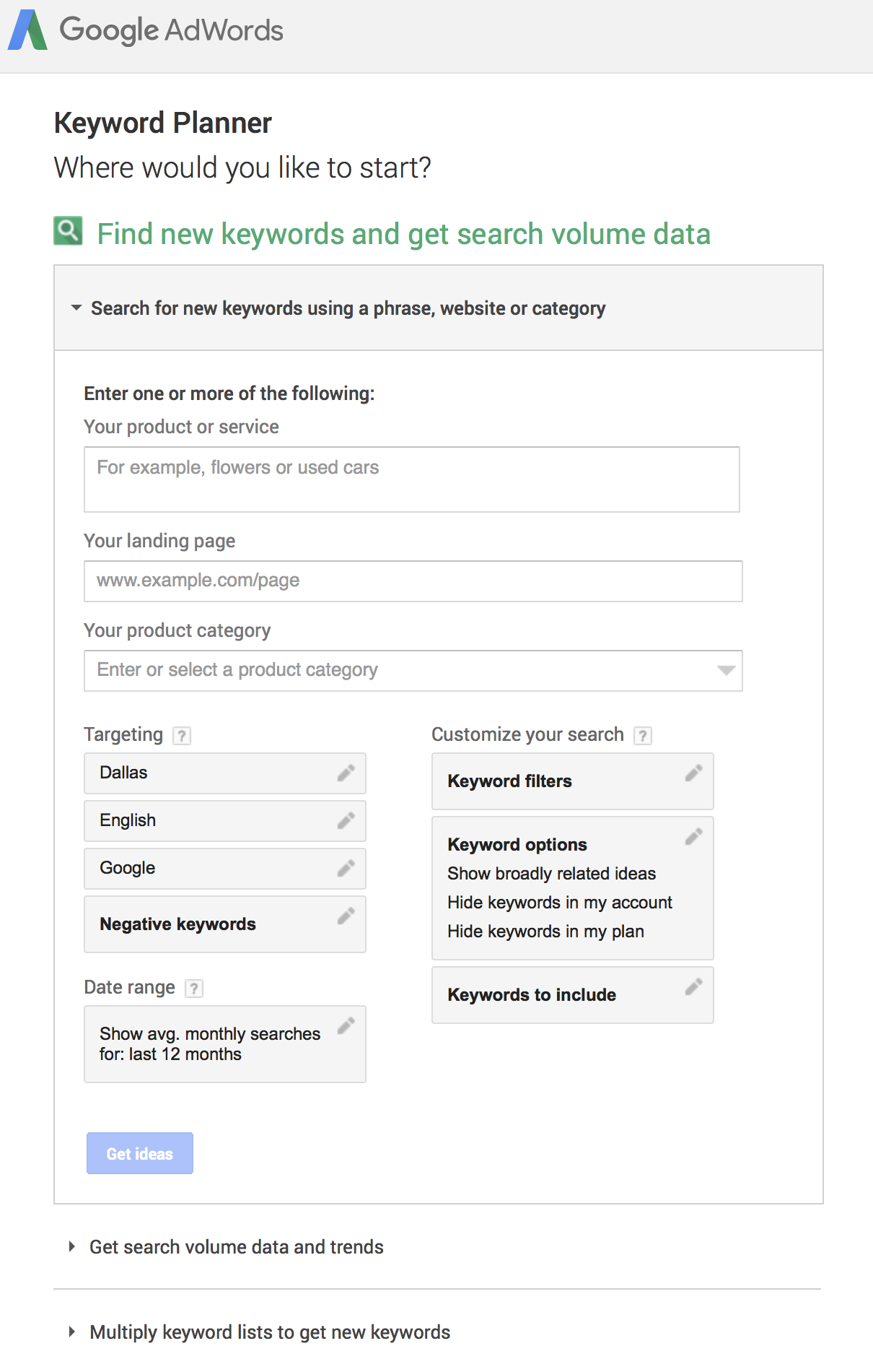 Google Keyword Planner Example