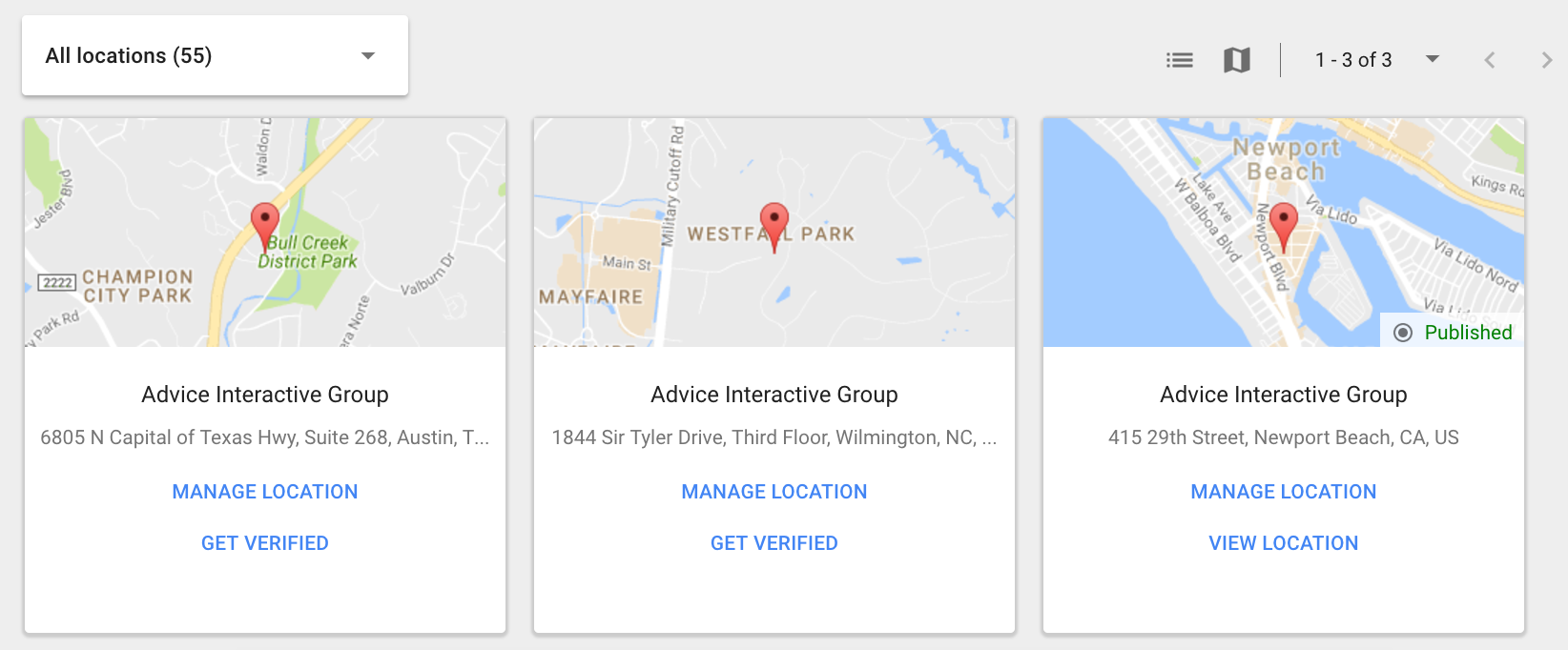 Google My Business Dashboard Card view