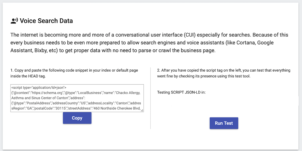 Example of JSON-LD Voice Search Script from Advice Local's Technology