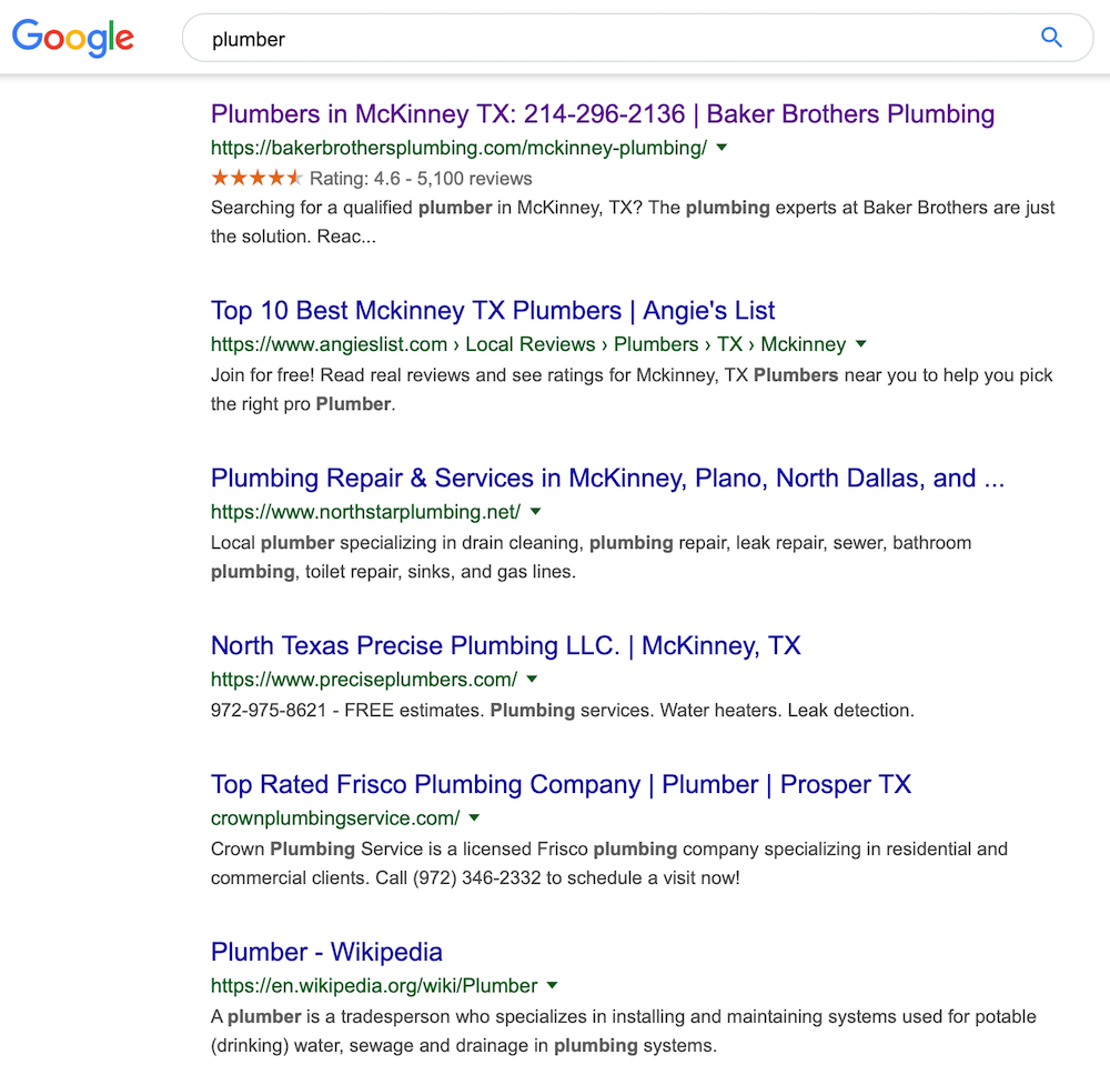 Local Search Results - Plumber Example