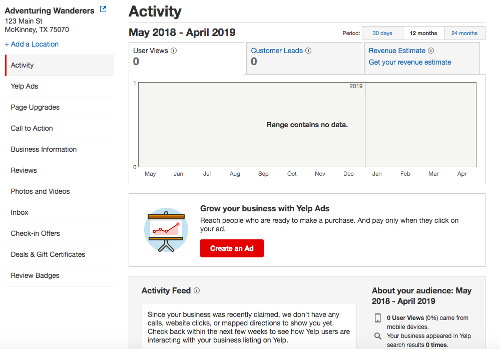 Access Yelp's Activity Dashboard